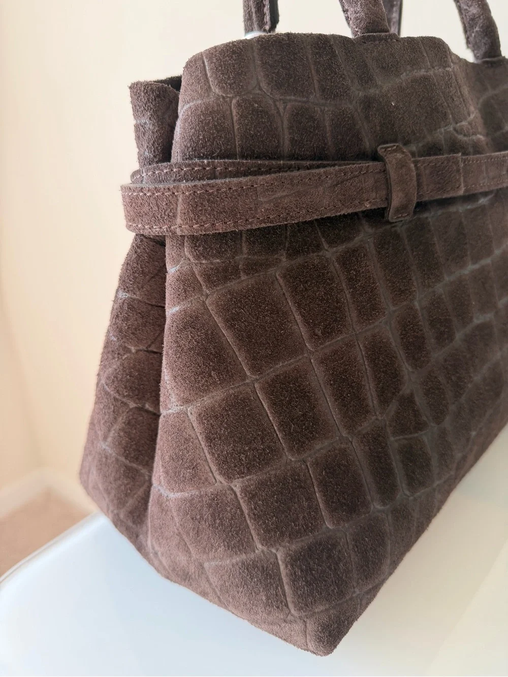 Dark Brown Suede crocodile embossed satchel Bag with gold Buckle and strap